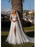 Short Sleeves Beaded Ivory Lace Glitter Tulle Slit Wedding Dress